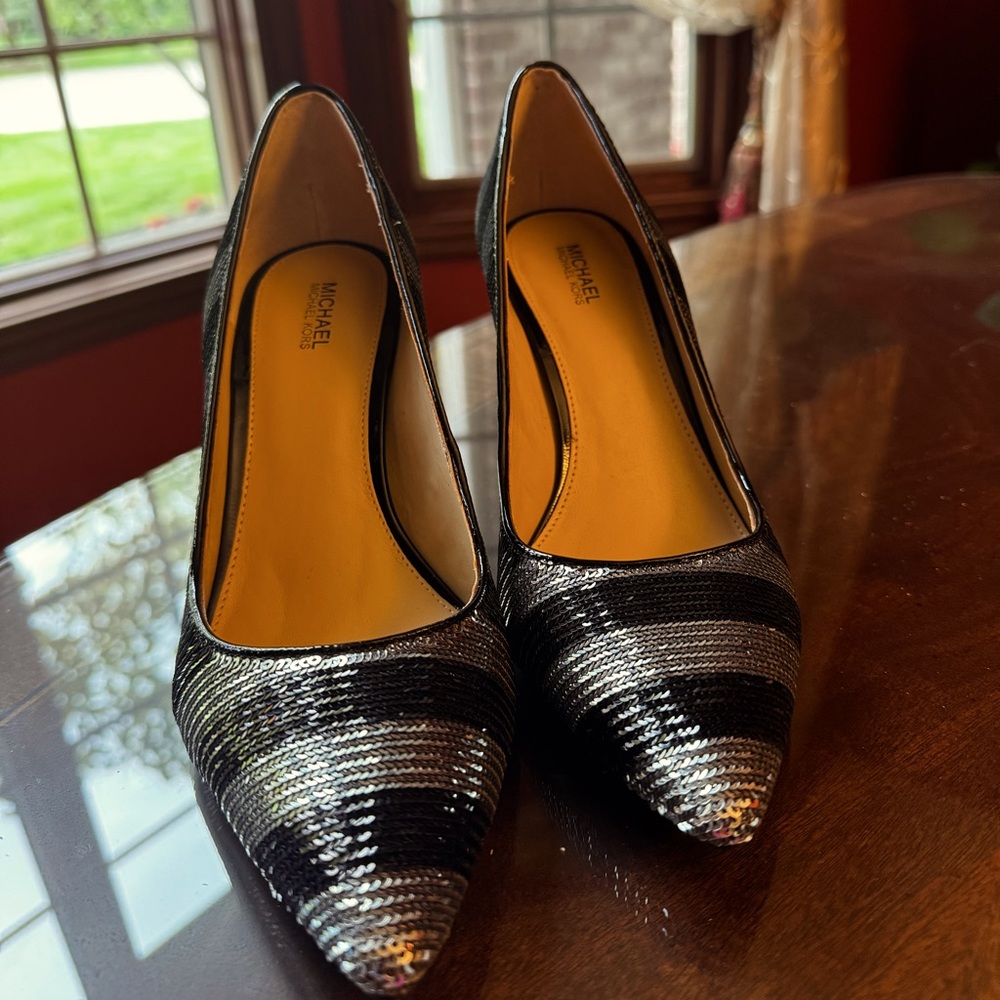 Black and Silver Striped Sequence Michael Kors heels.